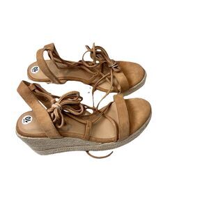 Tan Suede Lace Up Espadrille Wedge Sandals Size 10 Platform Jute Rope Heels